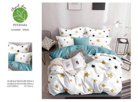 OFERTE SPECIALE - Lenjerie Pat Dublu, 4 Piese, Bumbac Satinat Superior - Stele, LP-EBSS-112