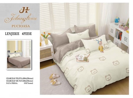 OFERTA TRIO Lenjerii Bumbac La Doar 199 RON - Lenjerie Pat Dublu, 4 Piese, Bumbac Satinat Superior - Ursulet, LP-EBSS-106