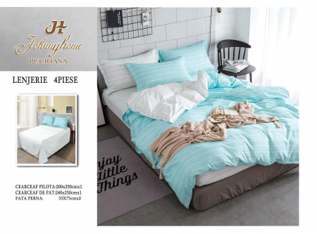 OFERTE SPECIALE - Lenjerie Pat Dublu, 4 Piese, Bumbac Satinat Superior - Verde Menta / Alb, LP-EBSS-93
