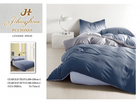 OFERTA TRIO Lenjerii Bumbac La Doar 199 RON - Lenjerie Pat Dublu, 4 Piese, Bumbac Satinat Superior - Ombre Albastru, LP-EBSS-76
