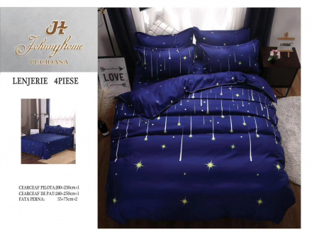 OFERTA TRIO Lenjerii Bumbac La Doar 199 RON - Lenjerie Pat Dublu, 4 Piese, Bumbac Satinat Superior - Stele Cazatoare, LP-EBSS-110
