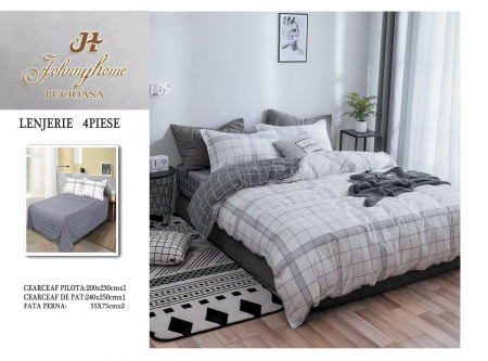 OFERTE SPECIALE - Lenjerie Pat Dublu, 4 Piese, Bumbac Satinat Superior - Carouri, LP-EBSS-100