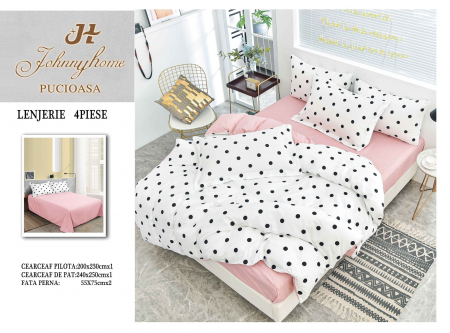 OFERTE SPECIALE - Lenjerie Pat Dublu, 4 Piese, Bumbac Satinat Superior - Roz / Alb, LP-EBSS-84