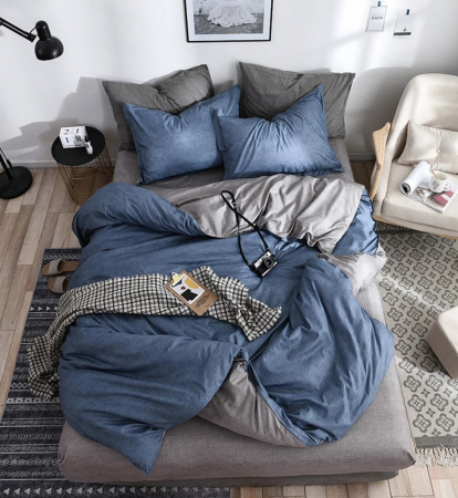 OFERTE SPECIALE - Lenjerie Pat Dublu, 4 Piese, Bumbac Satinat Superior - Gri/Albastru
