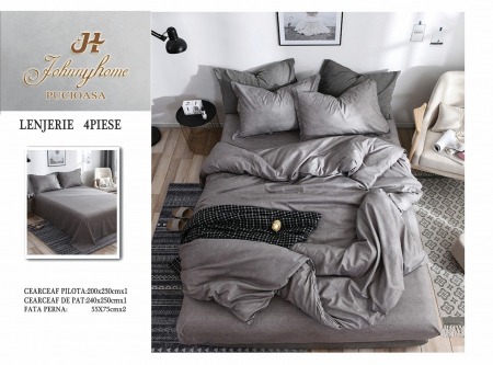 OFERTE SPECIALE - Lenjerie Pat Dublu, 4 Piese, Bumbac Satinat Superior - Gri Deschis, LP-EBSS-111