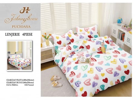 OFERTA TRIO Lenjerii Bumbac La Doar 199 RON - Lenjerie Pat Dublu, 4 Piese, Bumbac Satinat Superior - Inimioare, LP-EBSS-86