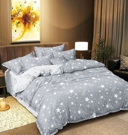 OFERTA TRIO Lenjerii Bumbac La Doar 199 RON - Lenjerie Pat Dublu, 4 Piese, Bumbac Satinat Superior - Gri Cu Stelute