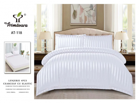 LENJERII DE PAT - Lenjerie pat dublu, 4 Piese, Damasc Finetat Deluxe, Cu Elastic - Alb