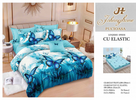 OFERTE SPECIALE - Lenjerie Pat Dublu, Bumbac Finet, 6 Piese, CU ELASTIC - Fluturi Turcoaz