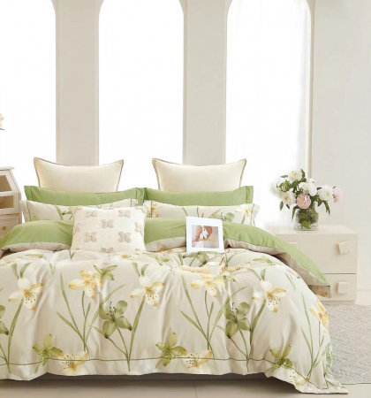 OFERTE SPECIALE - Lenjerie Pat Dublu, Bumbac Finet, 6 Piese, CU ELASTIC - Verde Cu Flori