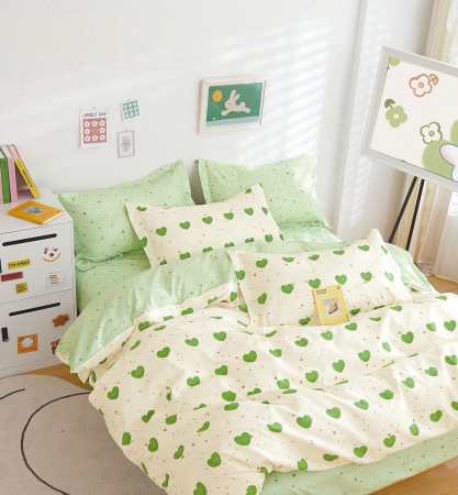 OFERTE SPECIALE - Lenjerie Pat Dublu, Bumbac Finet, 6 Piese, CU ELASTIC - Verde cu Inimioare