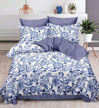 OFERTE SPECIALE - Lenjerie Pat Dublu, Bumbac Finet, 6 Piese, CU ELASTIC - Blue Flowers