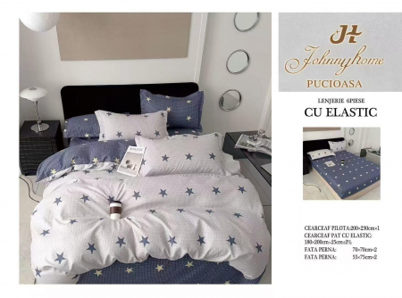 OFERTE SPECIALE - Lenjerie Pat Dublu, Bumbac Finet, 6 Piese, CU ELASTIC - Albastru / Roz Stelute