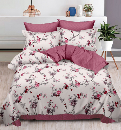 OFERTE SPECIALE - Lenjerie Pat Dublu, Bumbac Finet, 6 Piese, CU ELASTIC - Roz Cu Flori