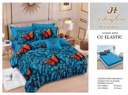 OFERTE SPECIALE - Lenjerie Pat Dublu, Bumbac Finet, 6 Piese, CU ELASTIC - Fluturi Turcoaz si Rosii