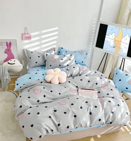 OFERTE SPECIALE - Lenjerie Pat Dublu, Bumbac Finet, 6 Piese, CU ELASTIC - Gri/Bleu Inimioare