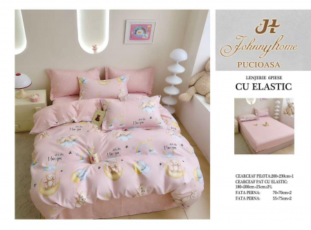 OFERTA DUO: 2 Lenjerii cu elastic bumbac Finet  1+1: la 209 lei - Lenjerie Pat Dublu, Bumbac Finet, 6 Piese, CU ELASTIC - Roz cu Ursuleti