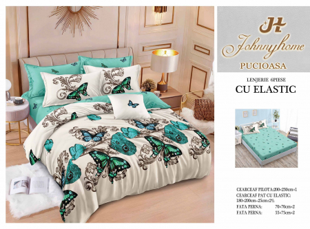 OFERTE SPECIALE - Lenjerie Pat Dublu, Bumbac Finet, 6 Piese, CU ELASTIC - Fluturi Colorati