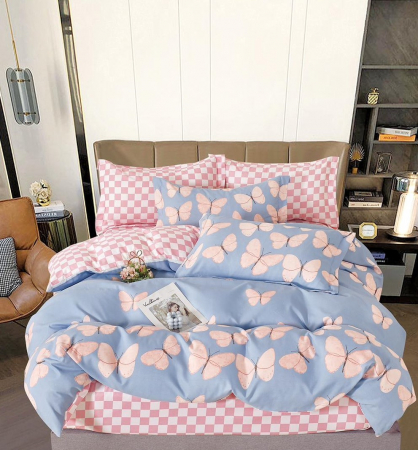 OFERTE SPECIALE - Lenjerie Pat Dublu, Bumbac Finet, 6 Piese, CU ELASTIC - Bleu/Roz cu Fluturi