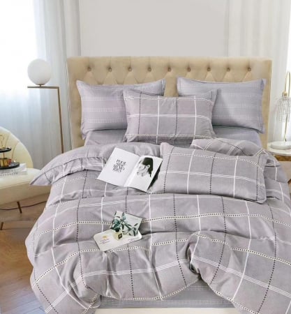 OFERTE SPECIALE - Lenjerie Pat Dublu, Bumbac Finet, 6 Piese, CU ELASTIC - Gri Deschis Carouri