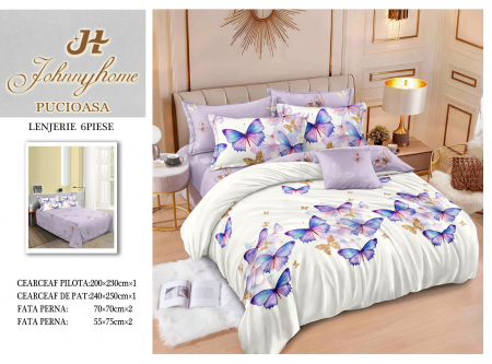 OFERTE SPECIALE - Lenjerie Pat Dublu, Bumbac Finet, 6 Piese, CU ELASTIC - Lila cu Fluturi