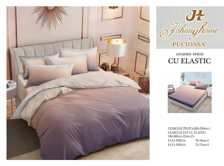 OFERTE SPECIALE - Lenjerie Pat Dublu, Bumbac Finet, 6 Piese, CU ELASTIC - Ombre Mov / Roz