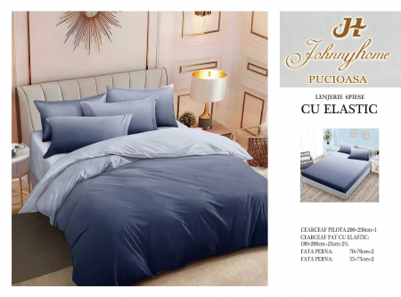 OFERTE SPECIALE - Lenjerie Pat Dublu, Bumbac Finet, 6 Piese, CU ELASTIC - Ombre Albastru