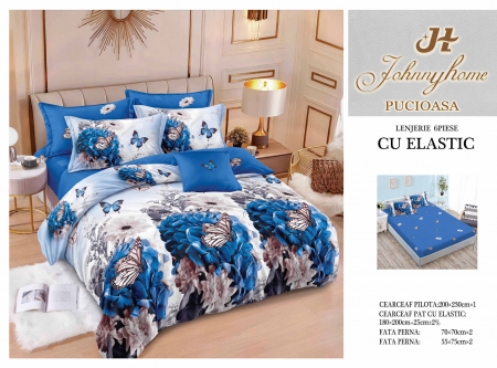 OFERTE SPECIALE - Lenjerie Pat Dublu, Bumbac Finet, 6 Piese, CU ELASTIC - Fluturi & Zambile