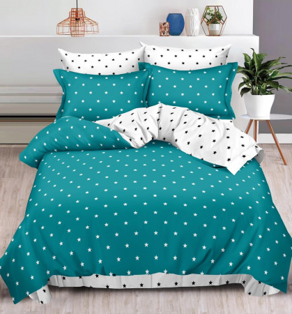 OFERTE SPECIALE - Lenjerie Pat Dublu, Bumbac Finet, 6 Piese, CU ELASTIC - Turcoaz Cu Buline