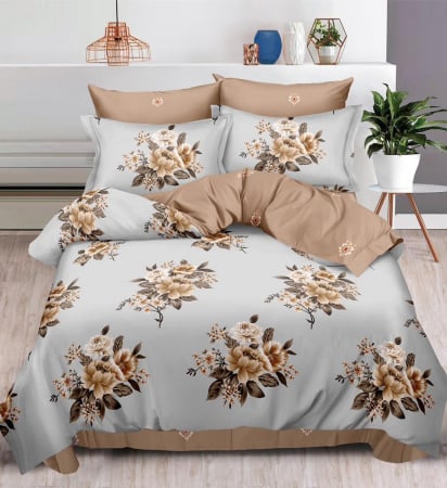 OFERTE SPECIALE - Lenjerie Pat Dublu, Bumbac Finet, 6 Piese, CU ELASTIC - Flori Bej
