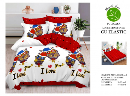 OFERTE SPECIALE - Lenjerie Pat Dublu, Bumbac Finet, 6 Piese, CU ELASTIC - I Love You
