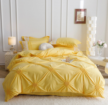 Lenjerii Bumbac Finet Premium - Lenjerie Pat Dublu, Bumbac Soft Touch, 6 piese, cu Pliuri Brodate - Galben