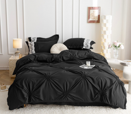 Lenjerii Bumbac Finet Premium - Lenjerie Pat Dublu, Bumbac Soft Touch, 6 piese, cu Pliuri Brodate - Negru