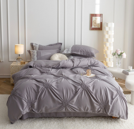 Lenjerii de pat - Lenjerie Pat Dublu, Bumbac Soft Touch, 6 piese, cu Pliuri Brodate - Gri Deschis