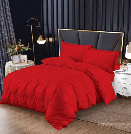 Lenjerii de Pat Bumbac 100% Damasc - Confort și Eleganță în Dormitor - Lenjerie pat dublu Bumbac tip Damasc, 4 Piese, cu elastic - Rosu