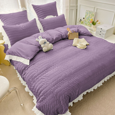 Lenjerie Pat Dublu 6 Piese Bumbac Finet Creponat Uni cu Volănașe Elegante