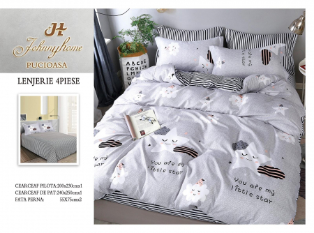 OFERTA TRIO Lenjerii Bumbac La Doar 199 RON - Lenjerie pat dublu cu doua feţe, 4 piese, Bumbac Satinat Superior, cu elastic - Little star
