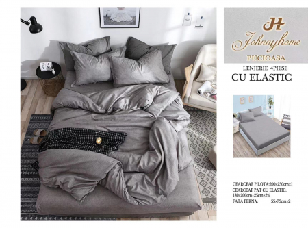 OFERTE SPECIALE - Lenjerie pat dublu cu doua feţe, 4 piese, Bumbac Satinat Superior, cu elastic - Gri Deschis