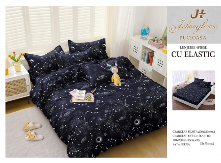 OFERTE SPECIALE - Lenjerie pat dublu cu doua feţe, 4 piese, Bumbac Satinat Superior, cu elastic - Galaxie