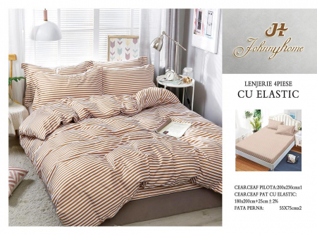 OFERTE SPECIALE - Lenjerie pat dublu cu doua feţe, 4 piese, Bumbac Satinat Superior, cu elastic - Linii Bej