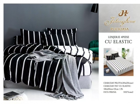 OFERTE SPECIALE - Lenjerie pat dublu cu doua feţe, 4 piese, Bumbac Satinat Superior, cu elastic - Alb / Negru Dungi