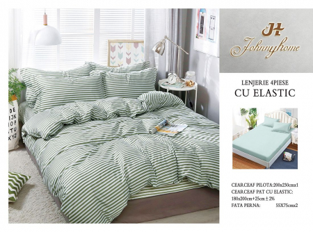 OFERTE SPECIALE - Lenjerie pat dublu cu doua feţe, 4 piese, Bumbac Satinat Superior, cu elastic - Verde Linii
