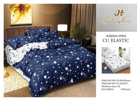 OFERTE SPECIALE - Lenjerie pat dublu cu doua feţe, 4 piese, Bumbac Satinat Superior, cu elastic - Stelute