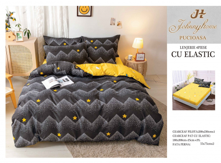 OFERTE SPECIALE - Lenjerie pat dublu cu doua feţe, 4 piese, Bumbac Satinat Superior, cu elastic - Galben / Negru
