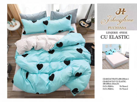 OFERTE SPECIALE - Lenjerie pat dublu cu doua feţe, 4 piese, Bumbac Satinat Superior, cu elastic - Turcoaz cu inimioare