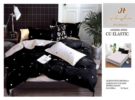 OFERTE SPECIALE - Lenjerie pat dublu cu doua feţe, 4 piese, Bumbac Satinat Superior, cu elastic - Negru cu gene