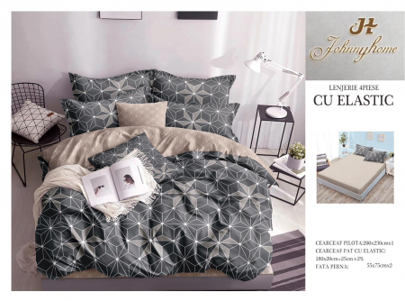 OFERTE SPECIALE - Lenjerie pat dublu cu doua feţe, 4 piese, Bumbac Satinat Superior, cu elastic - Gri Modern