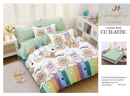 OFERTE SPECIALE - Lenjerie pat dublu cu doua feţe, 4 piese, Bumbac Satinat Superior, cu elastic - Ursulet Curcubeu