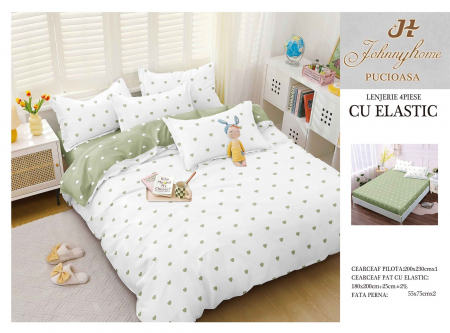 OFERTE SPECIALE - Lenjerie pat dublu cu doua feţe, 4 piese, Bumbac Satinat Superior, cu elastic - Alb / Verde