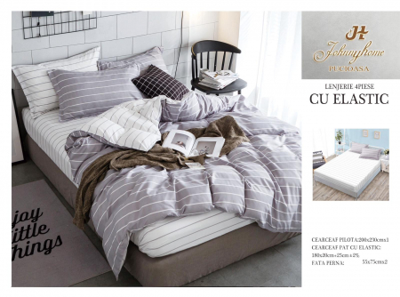 OFERTE SPECIALE - Lenjerie pat dublu cu doua feţe, 4 piese, Bumbac Satinat Superior, cu elastic - Gri / Alb Linii